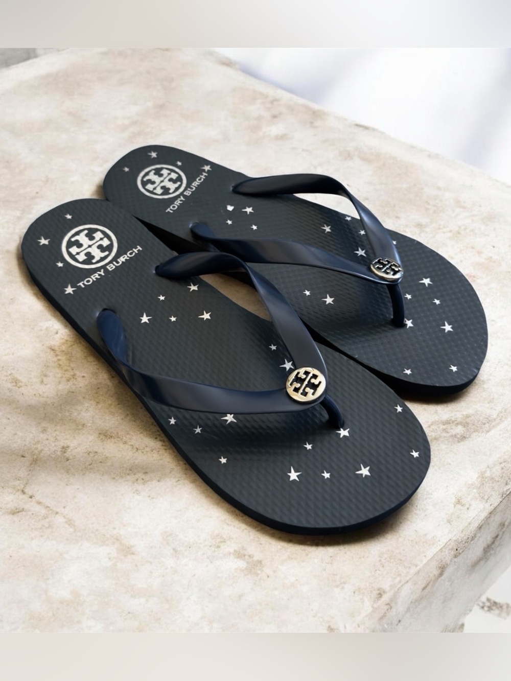 Tory Burch Stargazer Navy Blue Star Logo Flip Flops Sandals Size 7